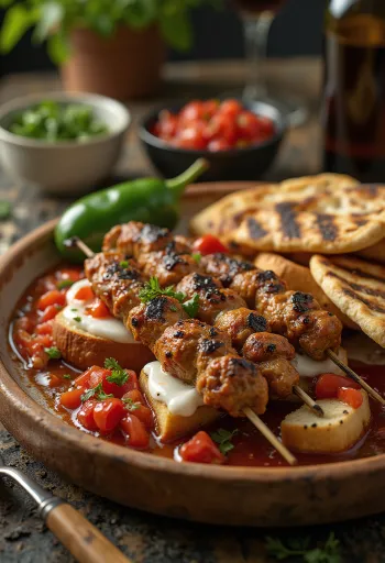 Yoğurtlu Kebab ar grilētiem gaļas iesmiem, tomātu mērci un jogurtu