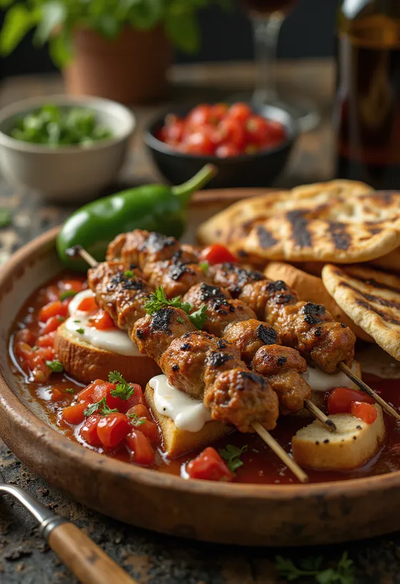 Yoğurtlu Kebab ar grilētiem gaļas iesmiem, tomātu mērci un jogurtu