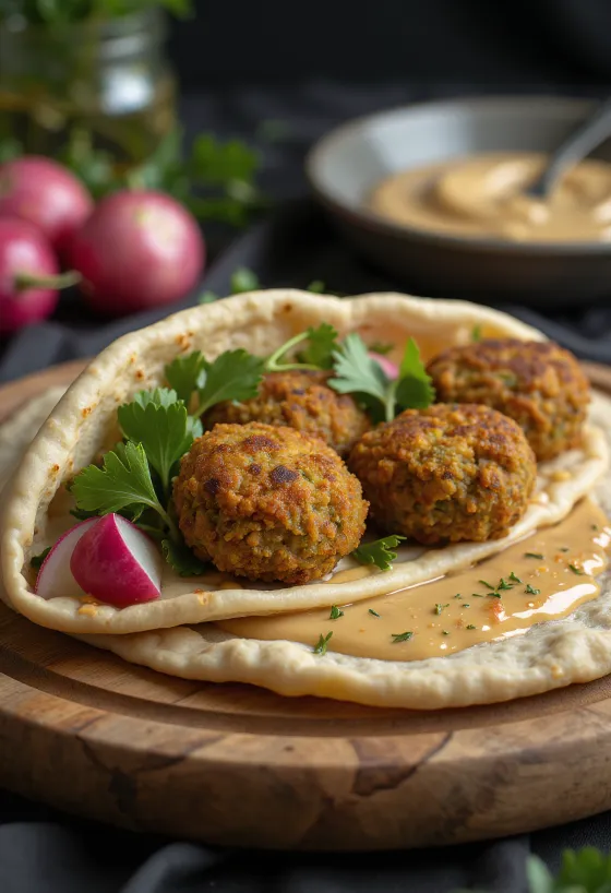 Falafela pita ar kraukšķīgām turku zirņu bumbiņām un tahini