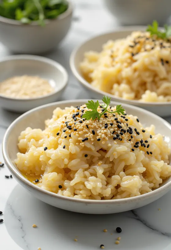 Cepti rīsi ar sezamu pasniegti