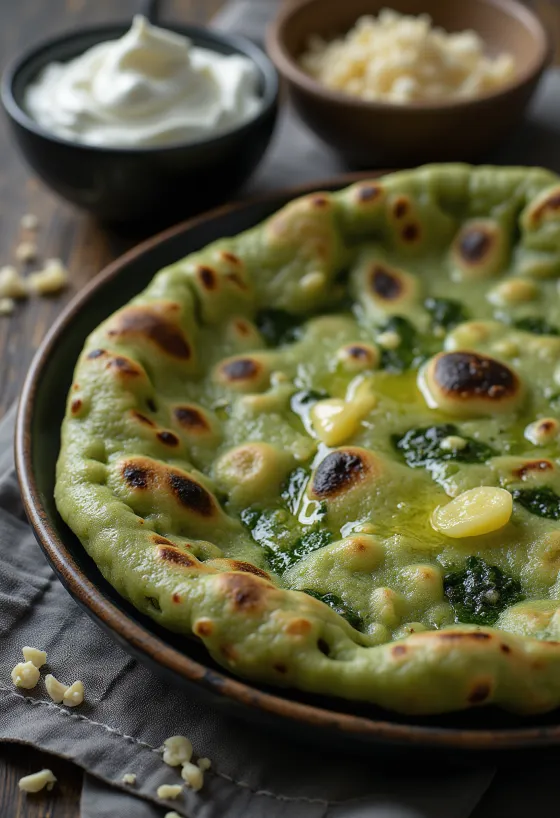 Spinātu naan maize pasniegta
