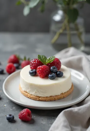 Baltās šokolādes uzpūteņa torte pasniegta ar ogām