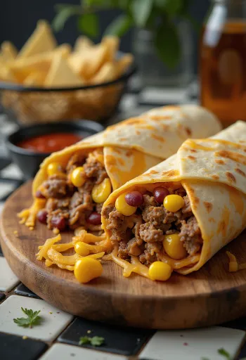 Liellopa gaļas burrito pildīts ar rīsiem, melnajām pupiņām, kukurūzu un Čedaras sieru