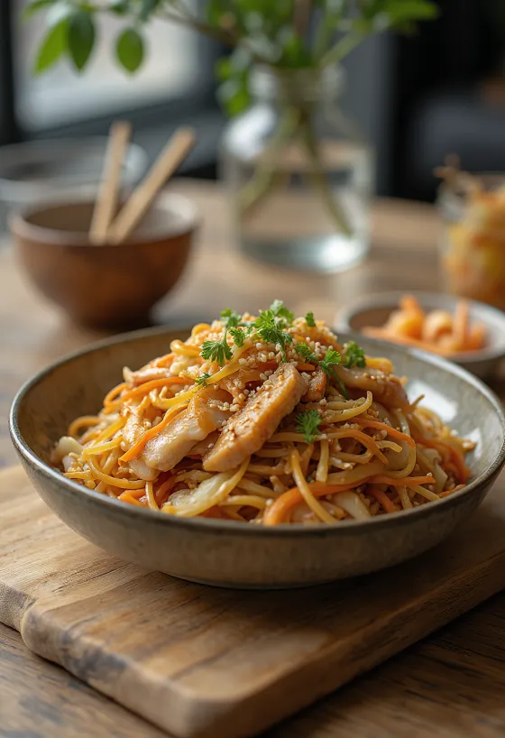 Yakisoba ar vistas gaļu, japāņu vokpannas nūdeles ar kraukšķīgiem dārzeņiem