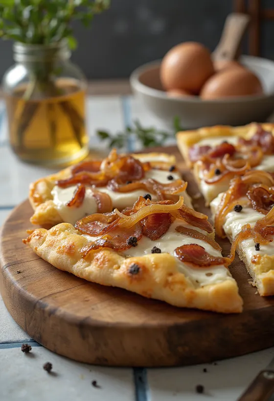 Flammkuchen ar krējumu, sīpoliem un speķi