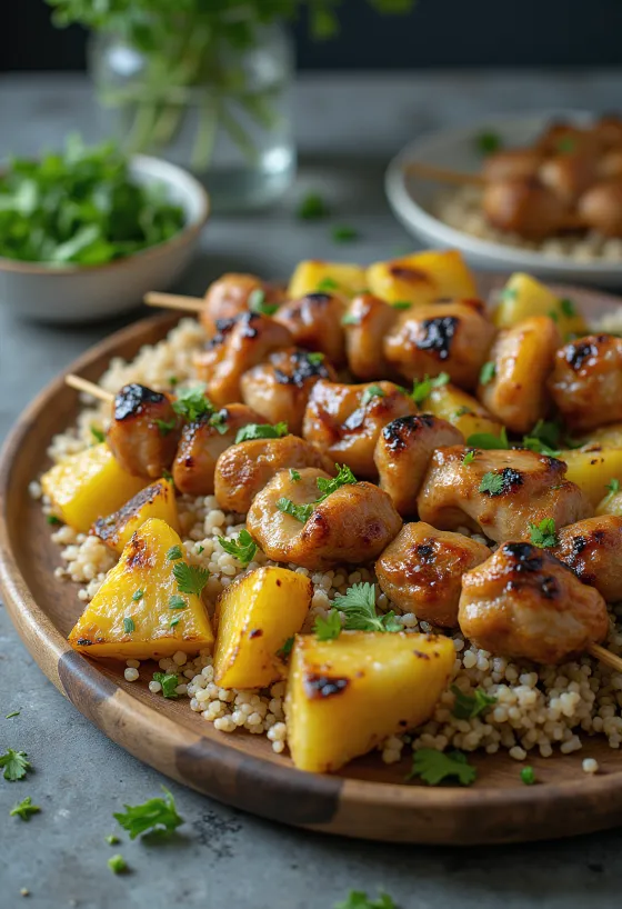 Saldskābie kebabi ar grilētu gaļu, ananāsiem un jogurta mērci