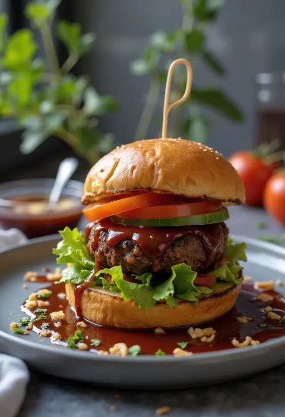 Vegānisks BBQ burgers ar svaigiem dārzeņiem