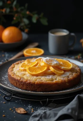 Garšvielu apelsīnu torte pasniegta ar pūdercukuru un apelsīna miziņu
