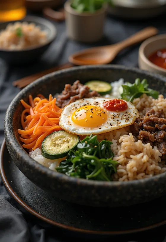 Bibimbap pasniegts ar ceptu olu un dārzeņiem