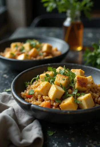 Ķiploku kvinojas vokpannas ēdiens, pasniegts ar tahini tofu