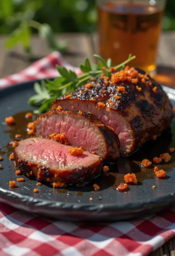 Pasniegta kūpināta BBQ liellopa fileja čili glazūrā
