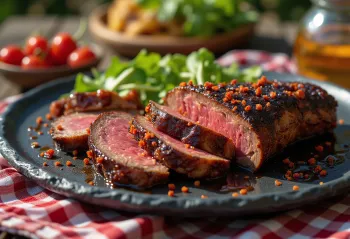 Pasniegta kūpināta BBQ liellopa fileja čili glazūrā