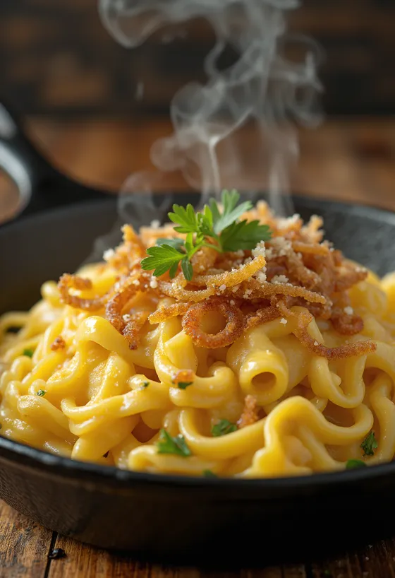Käsespätzle, austriešu siera nūdeles ar kūpinātu šķiņķi un ceptiem sīpoliem