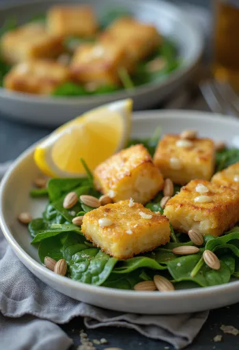 Ķiploku tofu, pasniegts ar spinātu salātiem, svaigiem un kraukšķīgiem dārzeņiem