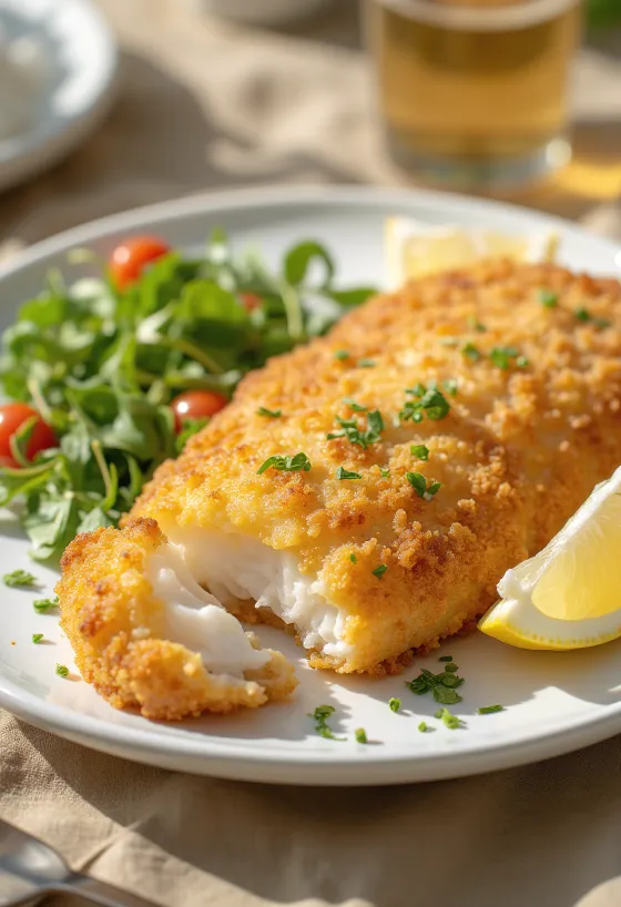 Kraukšķīga panēta zivs fileja, cepta zeltaini brūna, pasniegta ar svaigām citrona ripiņām un dārzeņiem.