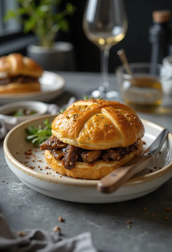 Svaigi cepts Velingtona burgers kārtainajā mīklā ar sēnēm un Dižonas sinepēm