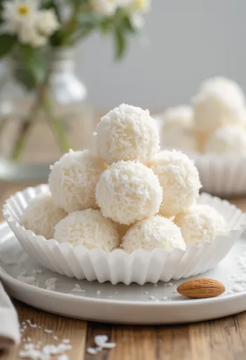 Mājas Raffaello bumbiņas, apviļātas kokosriekstu skaidiņās