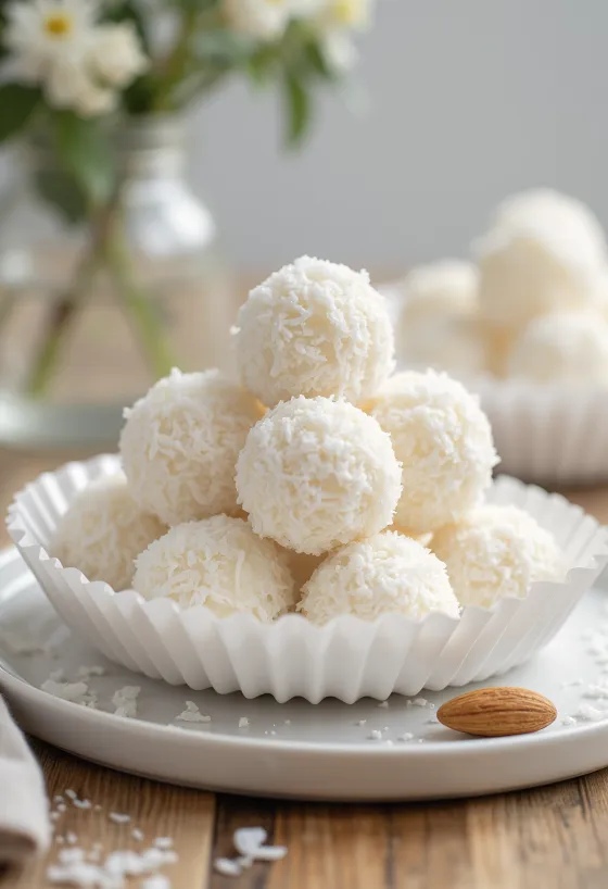 Mājas Raffaello bumbiņas, apviļātas kokosriekstu skaidiņās
