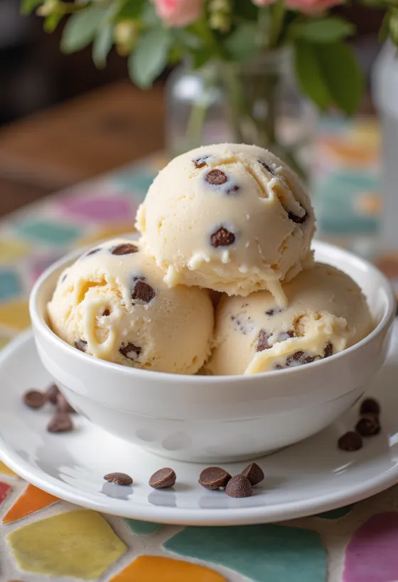 Baskin-Robbins Chocolate Chip saldējums pasniegts traukā