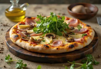 Capricciosa pica ar sēnēm un rukolu pasniegta