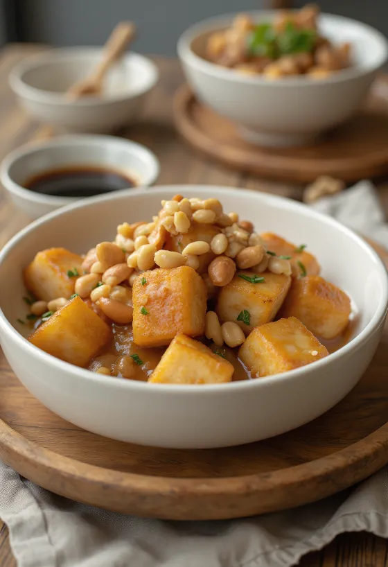 Cepts tofu zemesriekstu marinādē, pasniegts