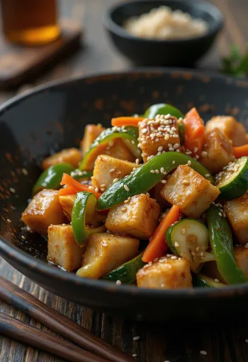 Kraukšķīgs cepts tofu ar dārzeņiem, pasniegts ar krāsainu papriku un sezama sēklām