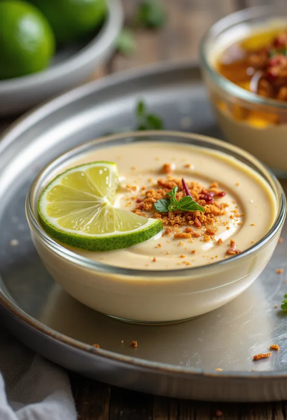 Medus un laima tahini mērce bļodā, pasniegta ar svaigiem dārzeņiem