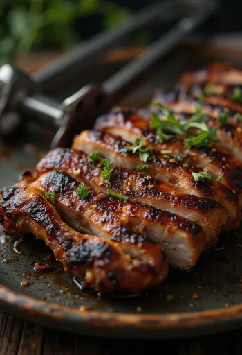 BBQ cūkgaļas kakla karbonāde pasniegta ar svaigiem salātiem un grilētiem dārzeņiem