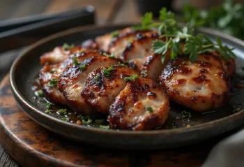 BBQ cūkgaļas kakla karbonāde pasniegta ar svaigiem salātiem un grilētiem dārzeņiem