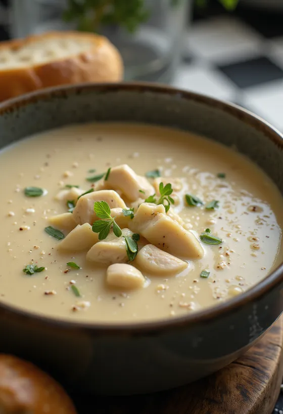 Krēmīga vistas krēmzupa pasniegta