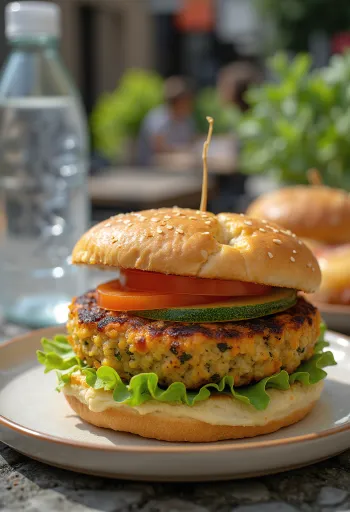 Dārzeņu burgers ar turku zirņiem un svaigiem dārzeņiem