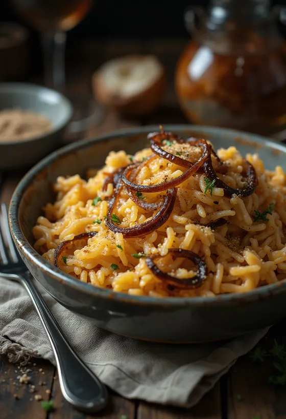 Garšvielu rīsi ar sīpoliem pasniegti