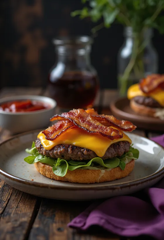 Bekona un siera burgers ar kraukšķīgu bekonu un kausētu čedaras sieru