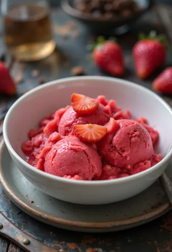 Bazilika un zemeņu sorbets mājās gatavots atsvaidzinošs deserts