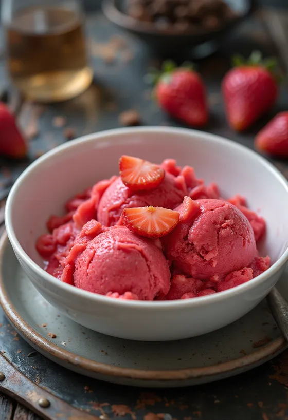 Bazilika un zemeņu sorbets mājās gatavots atsvaidzinošs deserts