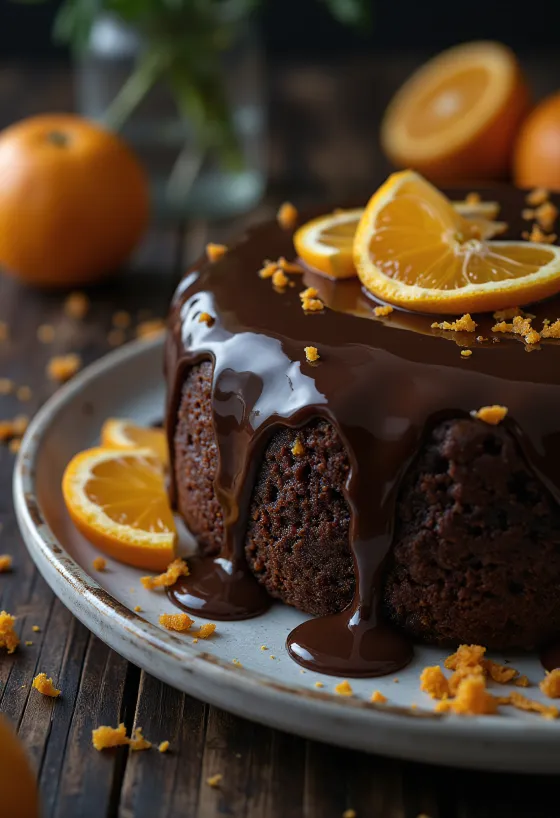 Šokolādes un apelsīnu torte pasniegta
