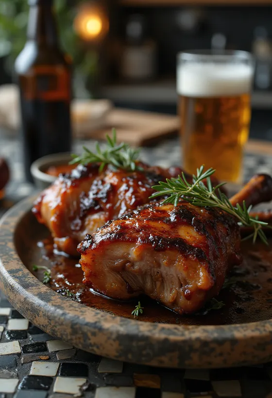 Pasniegts kūpināts BBQ cūkas stilbs alus marinādē