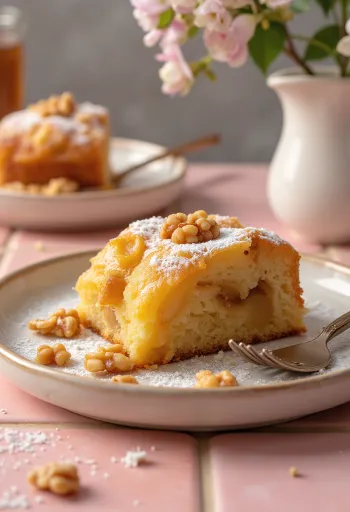 Ābolu un medus torte pārkaisīta ar pūdercukuru, pasniegta šķēlēs