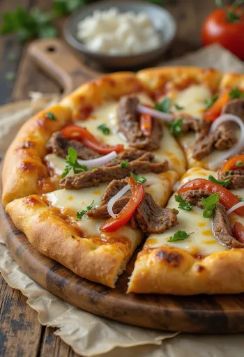 Philly cheesesteak pica ar steika šķēlēm un papriku