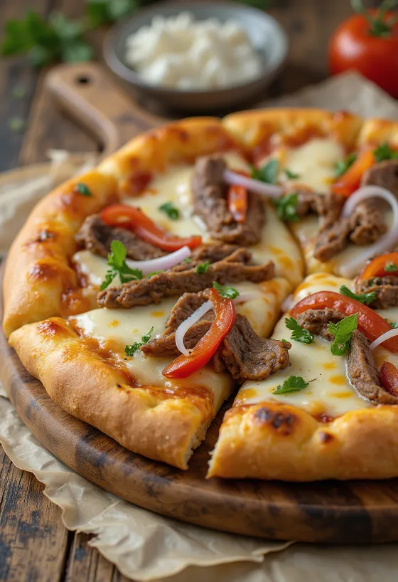Philly cheesesteak pica ar steika šķēlēm un papriku