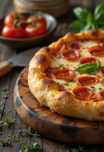 Pepperoni pica ar pildītu malu pasniegta
