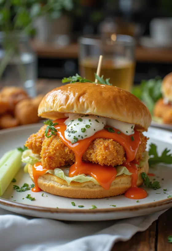 Buffalo vistas burgers ar kraukšķīgu panējumu un asu mērci
