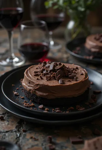 Tumšās šokolādes mussa torte eleganti pasniegta