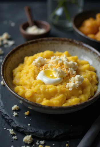 Svaigi vārīta, krēmīga polenta ar sviestu un sieru, pasniegta uz koka paplātes.