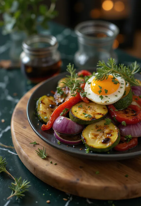 Cepti dārzeņi ar balzametiķi pasniegti
