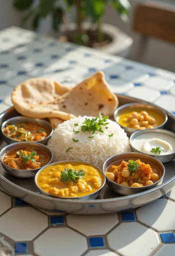 "Thali" maltīte ar dažādiem ēdieniem, piemēram, basmati rīsiem, turku zirņu kariju, dārzeņiem, papad un piparmētru čatniju