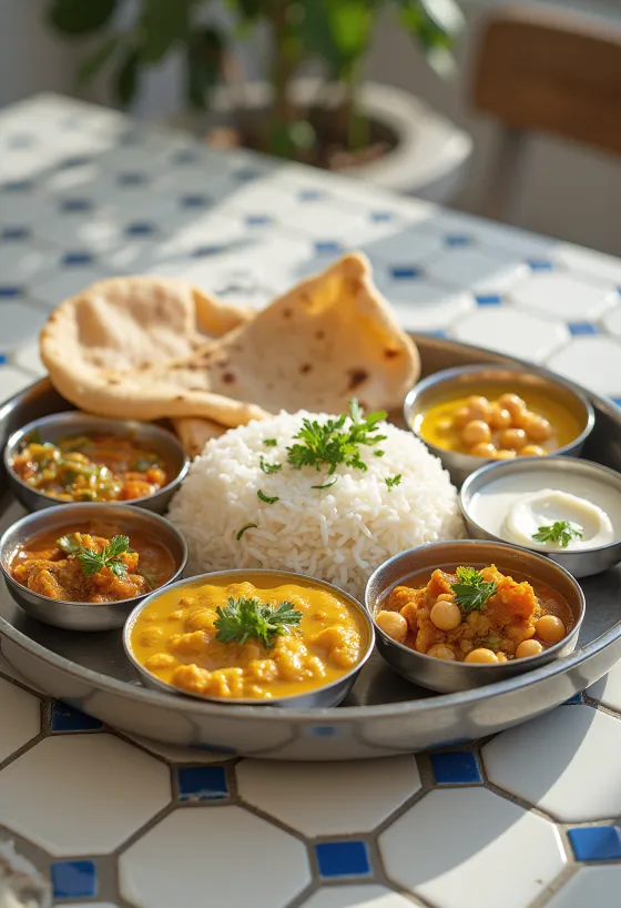 "Thali" maltīte ar dažādiem ēdieniem, piemēram, basmati rīsiem, turku zirņu kariju, dārzeņiem, papad un piparmētru čatniju
