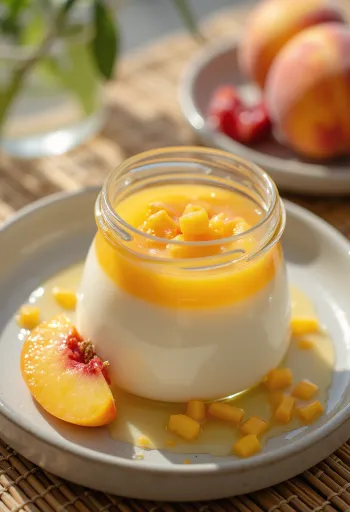 Panna cotta ar persiku biezeni pasniegta
