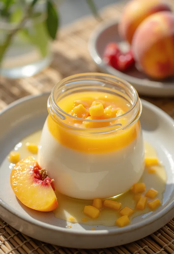 Panna cotta ar persiku biezeni pasniegta