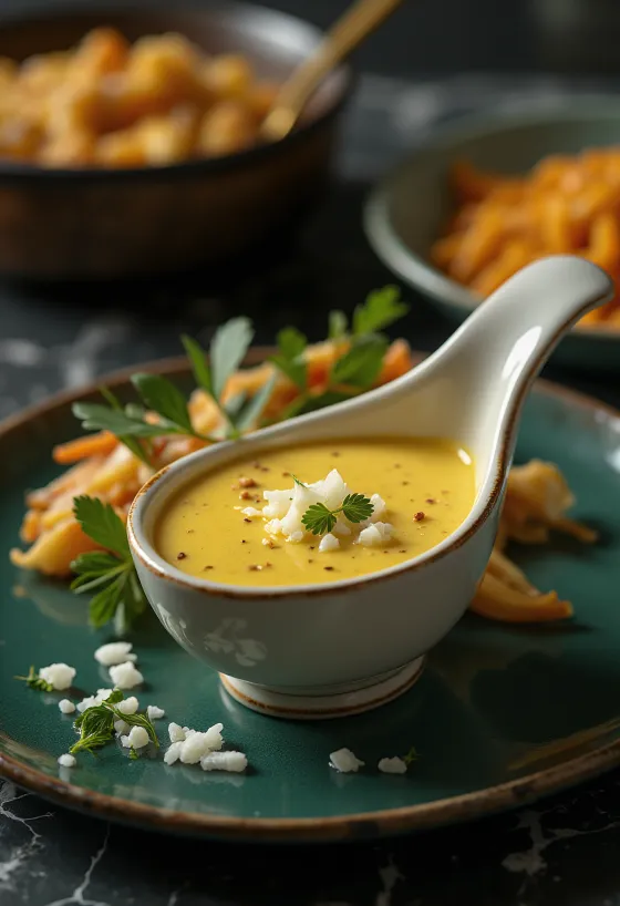 Karija un saldā krējuma sīpolu mērce mērces traukā